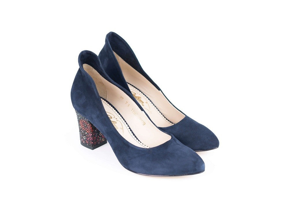 Pantofi dama Guvan model 3279 piele velur bleumarin/velur flori caramizii