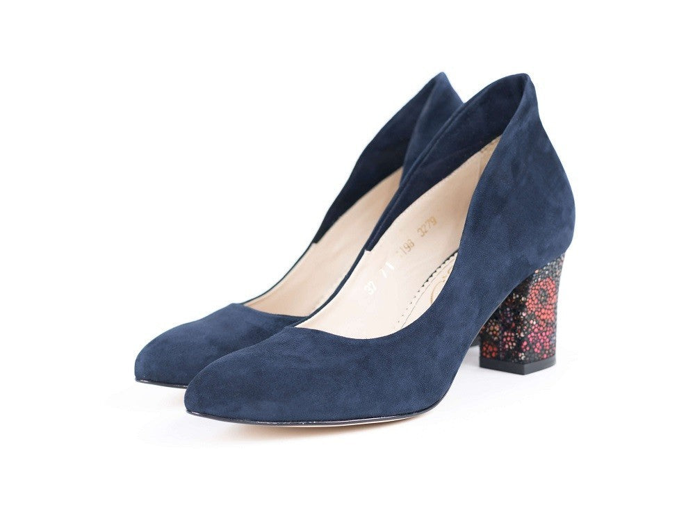Pantofi dama Guvan model 3279 piele velur bleumarin/velur flori caramizii